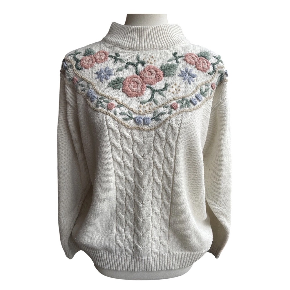Alfred Dunner Vintage Ivory Floral Embroidered Mock Neck Sweater Plus Size 2X